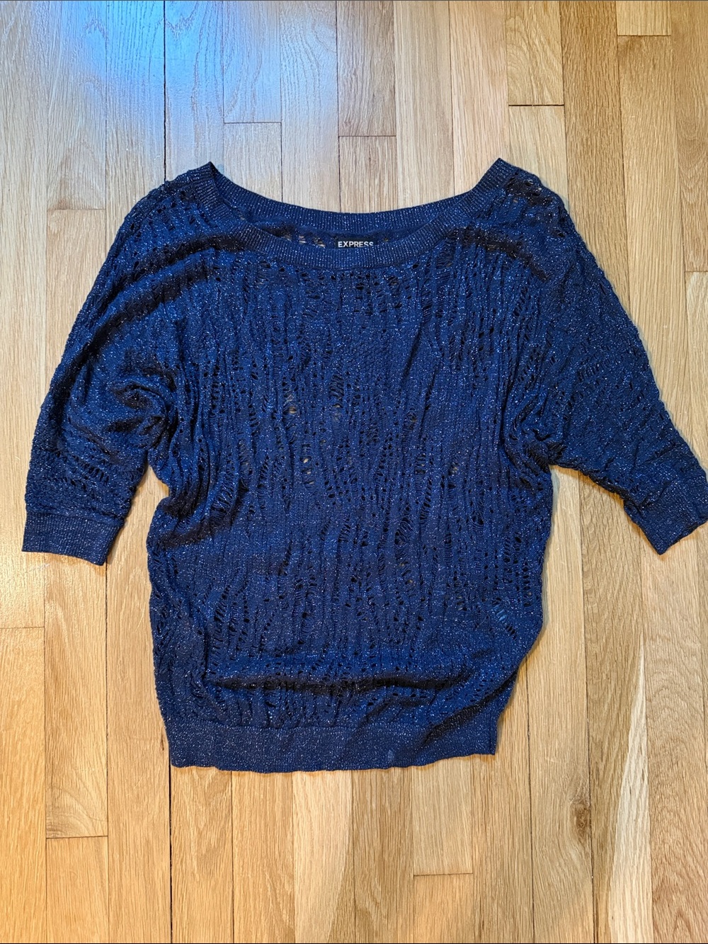 Express Metallic Navy Open-Weave Scoop Neck Sweater